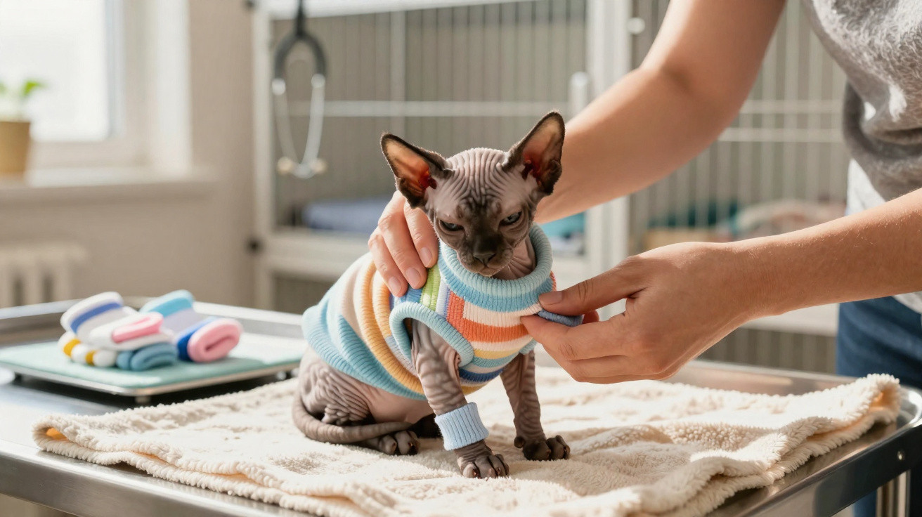 Gato Sphynx usando suéter colorido em mesa de clínica veterinária enquanto é ajustado por pessoa.