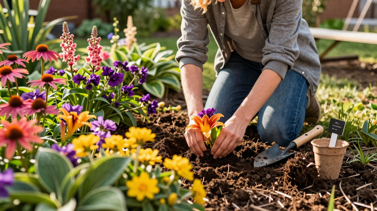 Pessoa plantando flor laranja em jardim com flores coloridas em dia ensolarado.