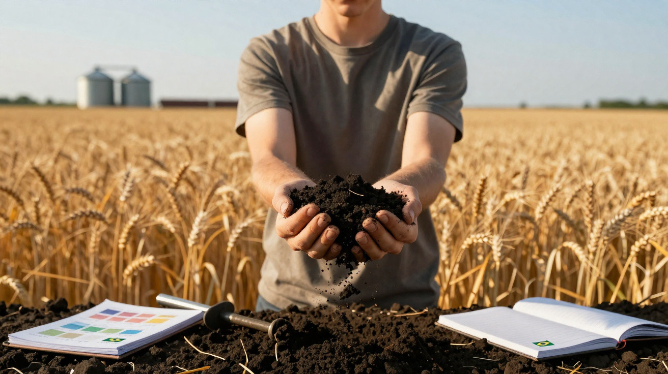 Pessoa segurando terra fértil com plantação de trigo ao fundo e cadernos sobre a mesa de trabalho.