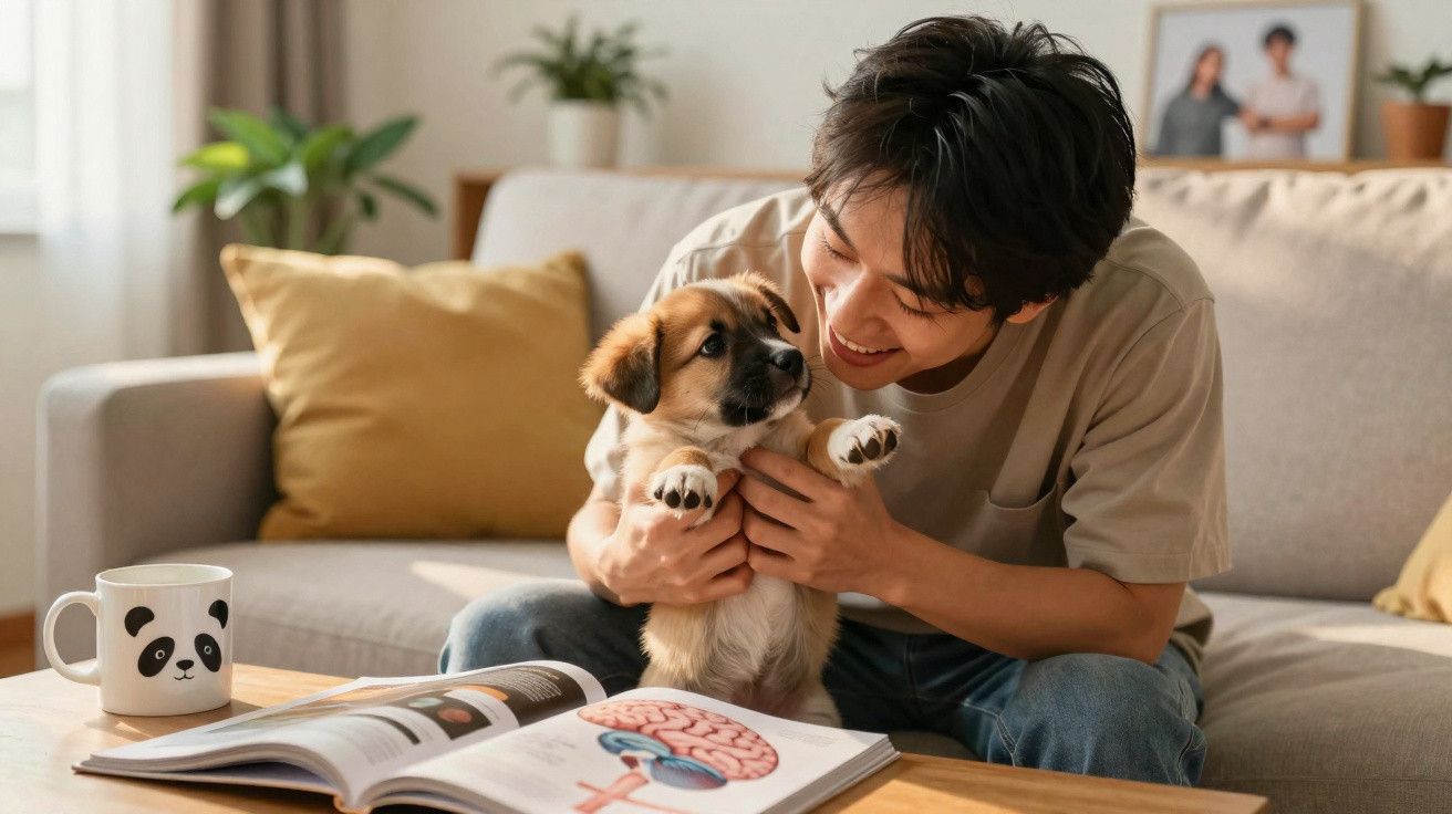 Homem sorrindo segurando filhote de cachorro no sofá, com livro aberto e caneca sobre mesa de madeira.