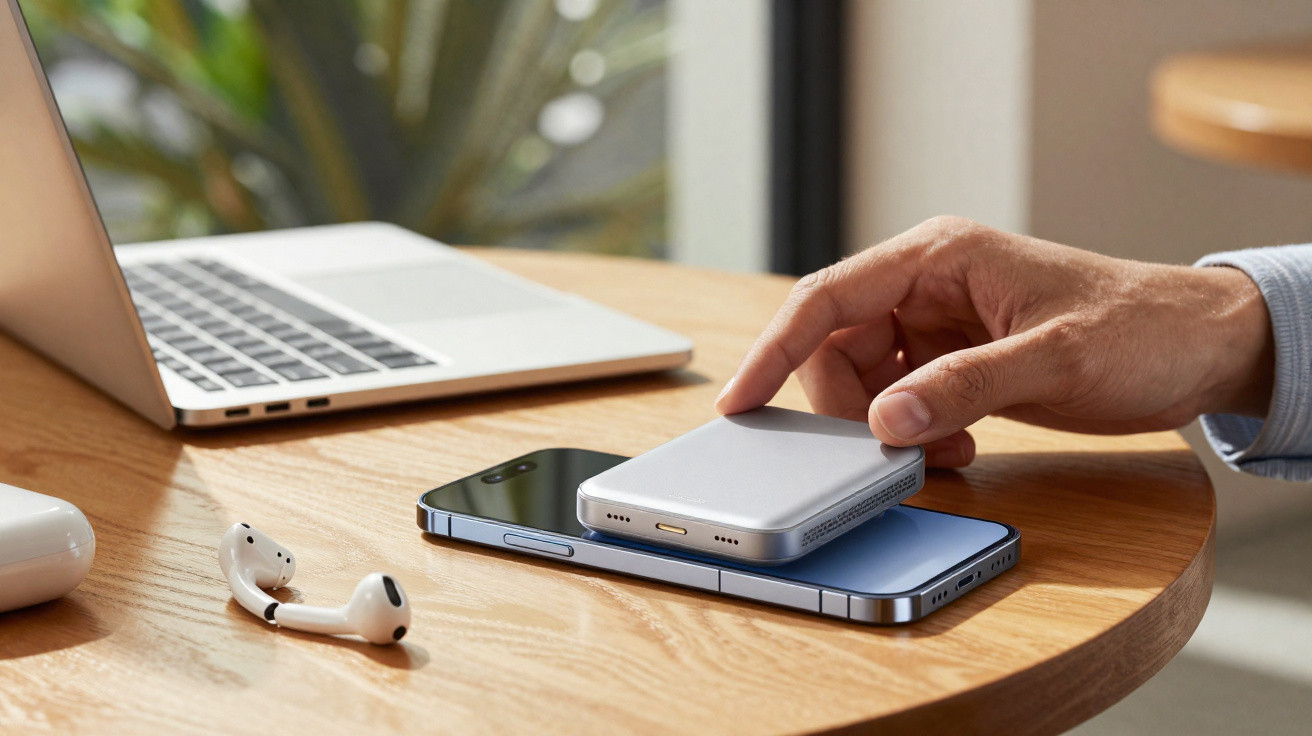Mão colocando carregador portátil em smartphone sobre mesa de madeira com laptop e fones de ouvido.