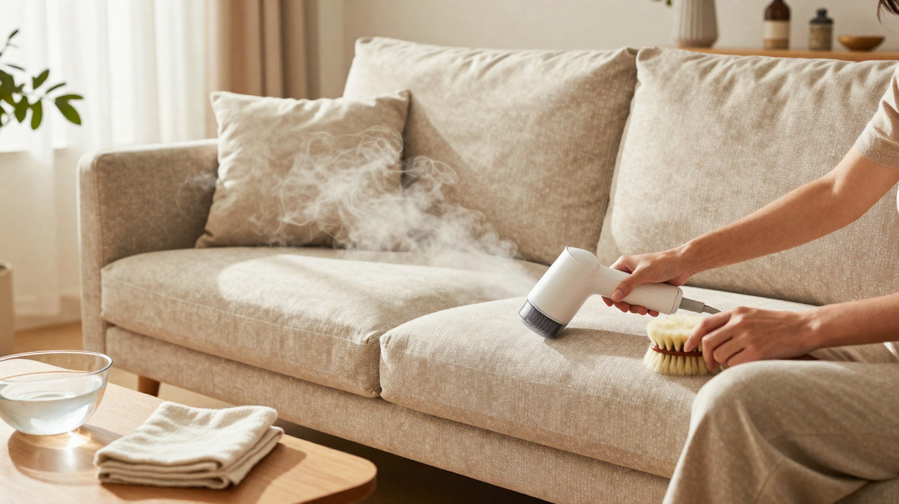 Pessoa usando vaporizador e escova para limpar sofá bege em sala com mesa de madeira e janela ao fundo.