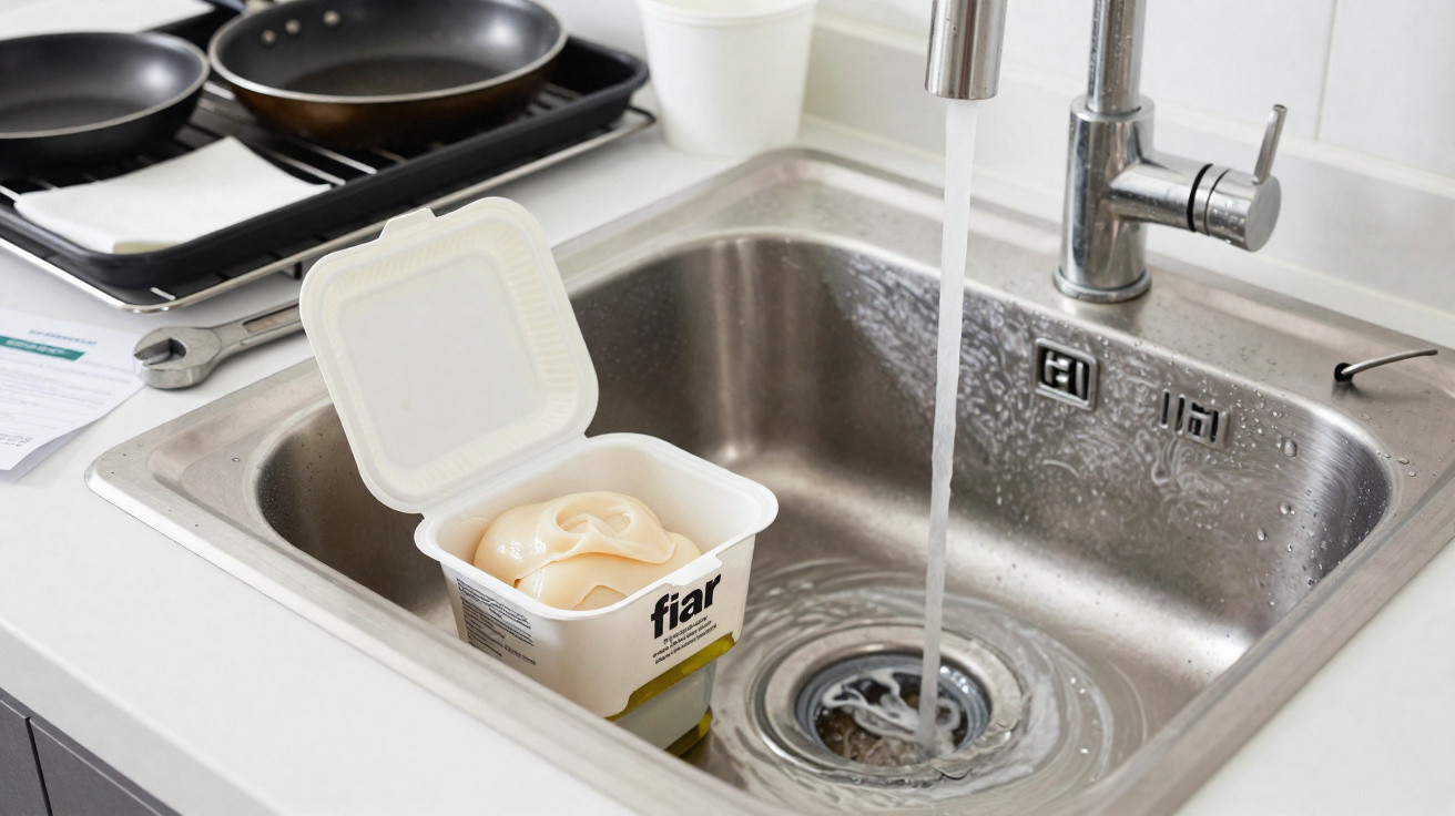 Pia de cozinha com torneira aberta e recipiente de creme de margarina perto da cuba de inox.