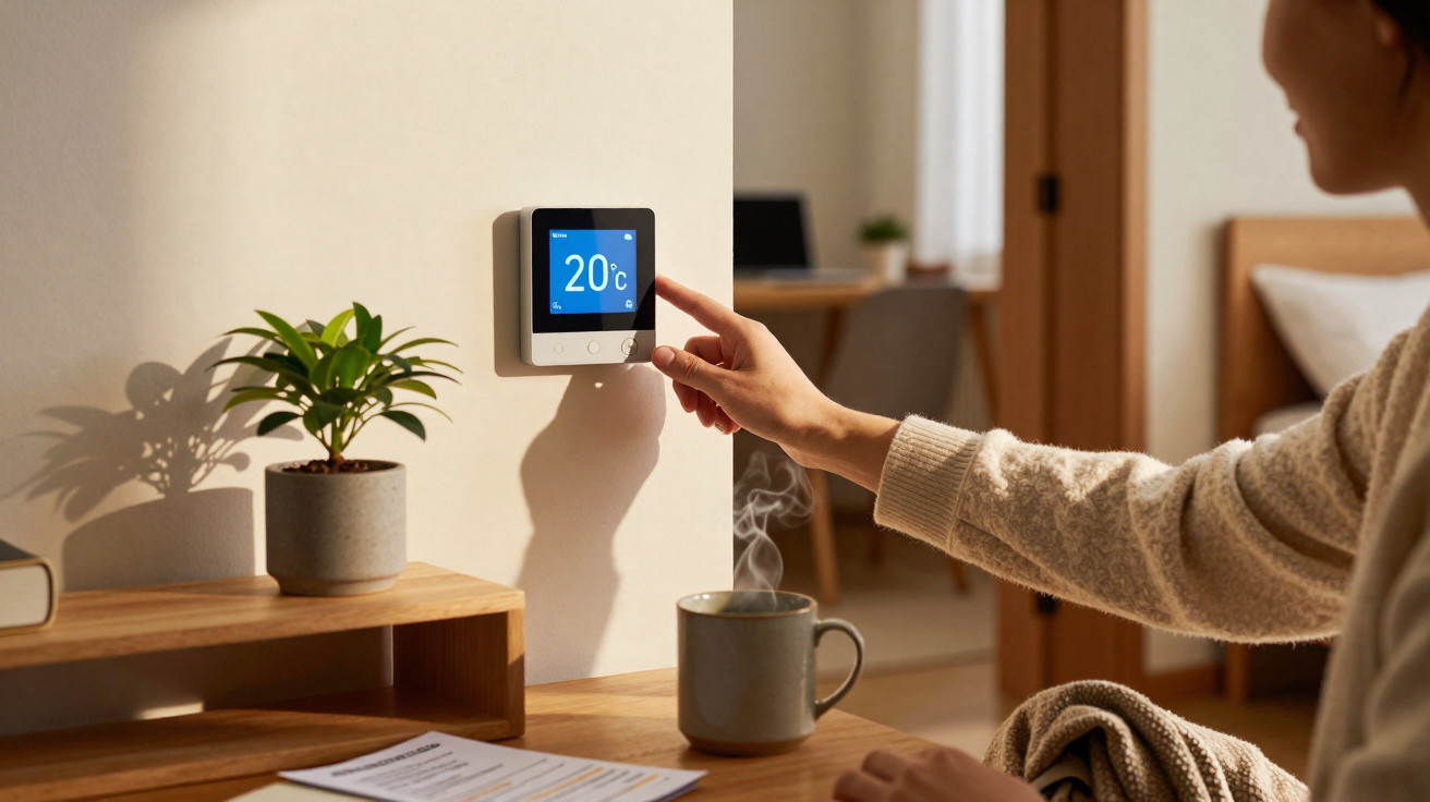 Pessoa ajustando termostato digital na parede para 20 graus Celsius em ambiente aconchegante com planta e xícara de café.