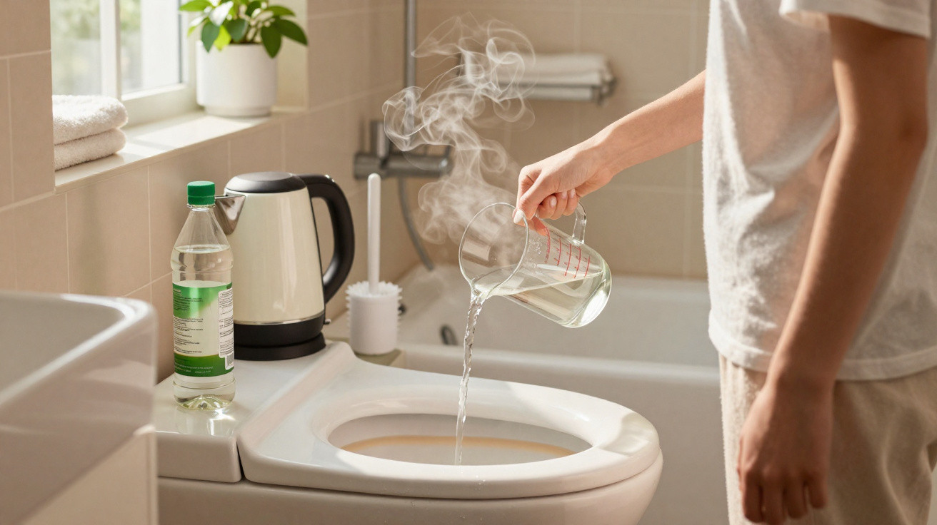 Pessoa despejando água quente fumegante de um copo medidor em um vaso sanitário em banheiro.