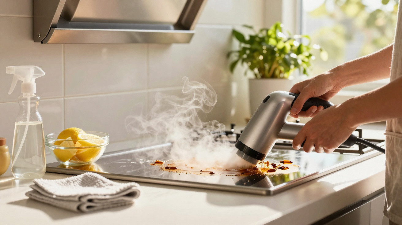 Mãos limpando fogão com dispositivo a vapor em cozinha clara com limões e planta no fundo.