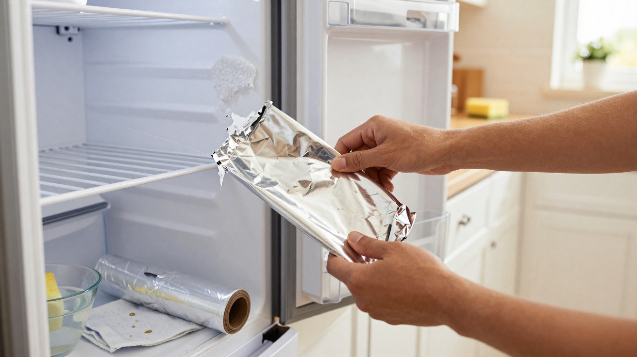 Mãos colocando comida embrulhada em papel alumínio dentro de geladeira branca na cozinha.
