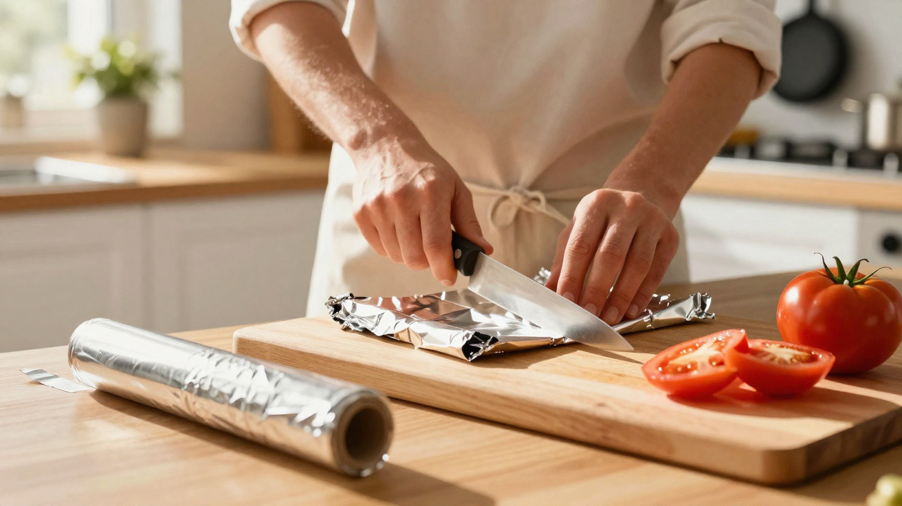 Pessoa cortando tomate com faca em tábua de madeira em cozinha, com papel alumínio e tomate inteiro ao lado.