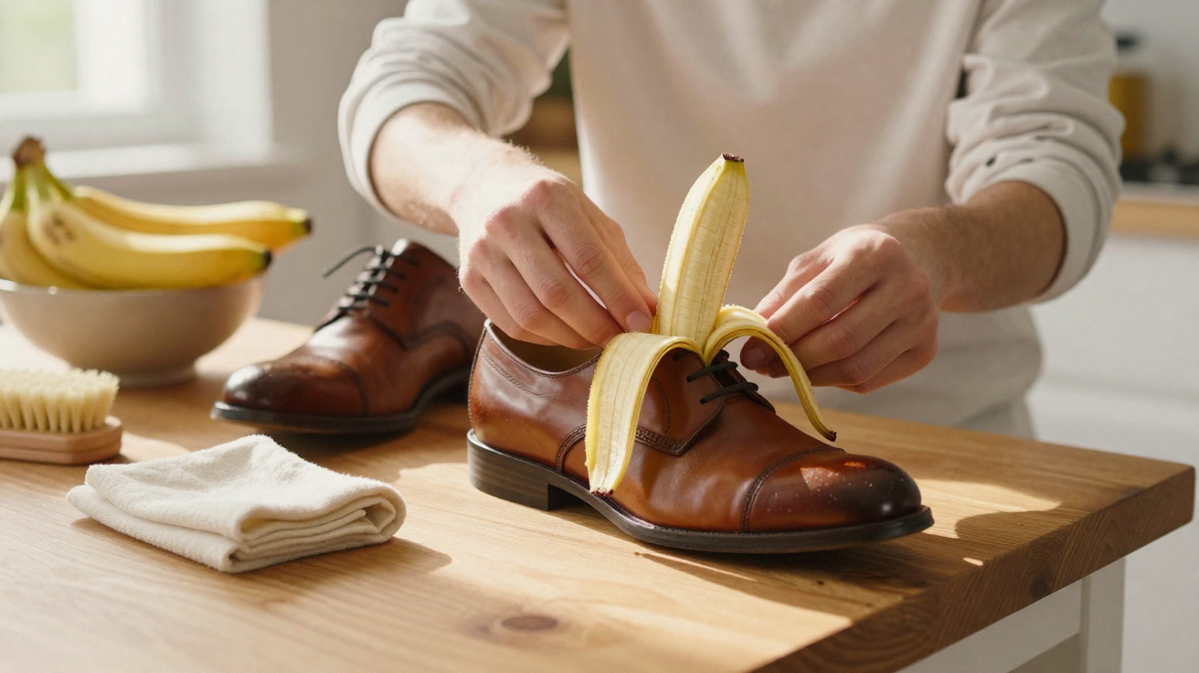 Pessoa colocando banana descascada dentro de sapato social marrom sobre mesa de madeira.