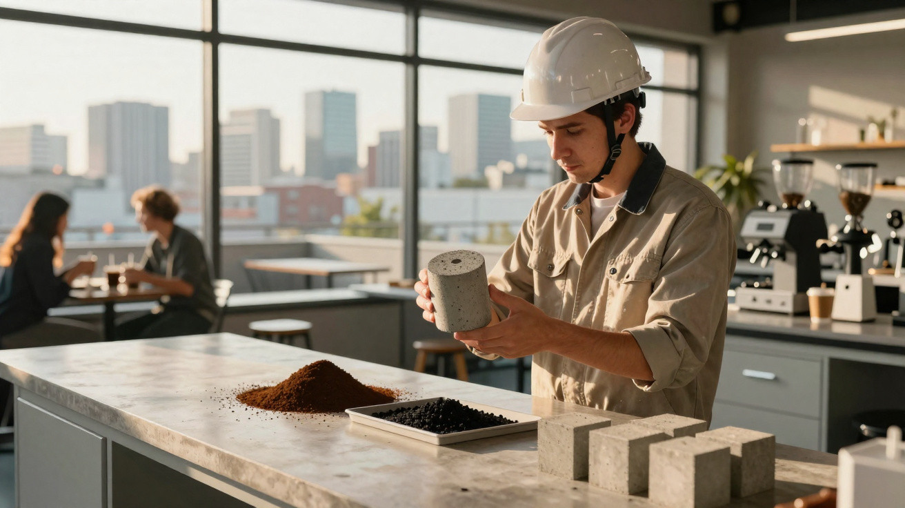 Homem com capacete branco analisa cilindro de concreto em bancada com amostras materiais em ambiente moderno.