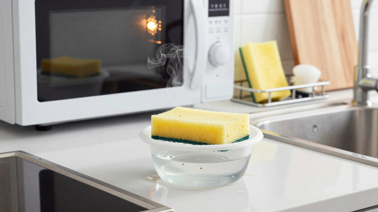Esponja amarela sobre tigela plástica com água quente soltando vapor em bancada de cozinha moderna.