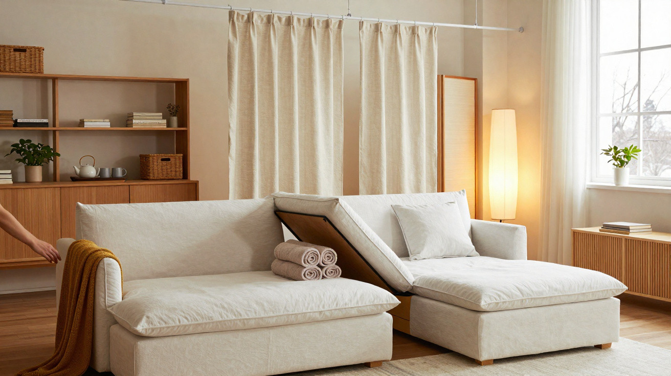 Sofá retrátil bege em sala iluminada, com almofadas, manta amarela e decoração em madeira clara.