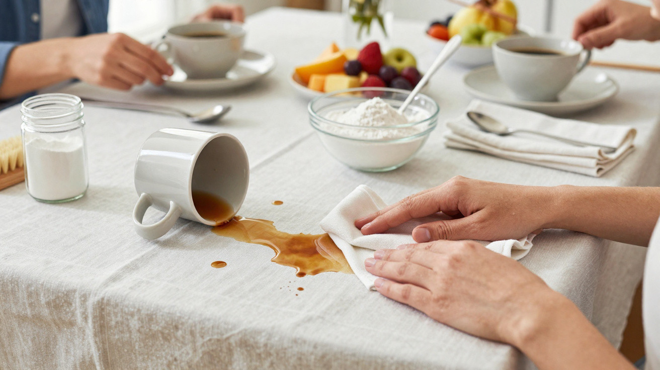 Mãos limpando café derramado de xícara caída sobre toalha de mesa em café da manhã com frutas e farinha.