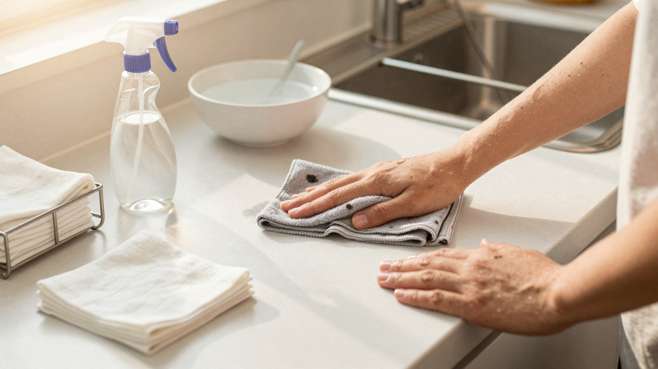 Mãos limpando bancada da cozinha com pano úmido, spray, tigela e guardanapos ao lado.