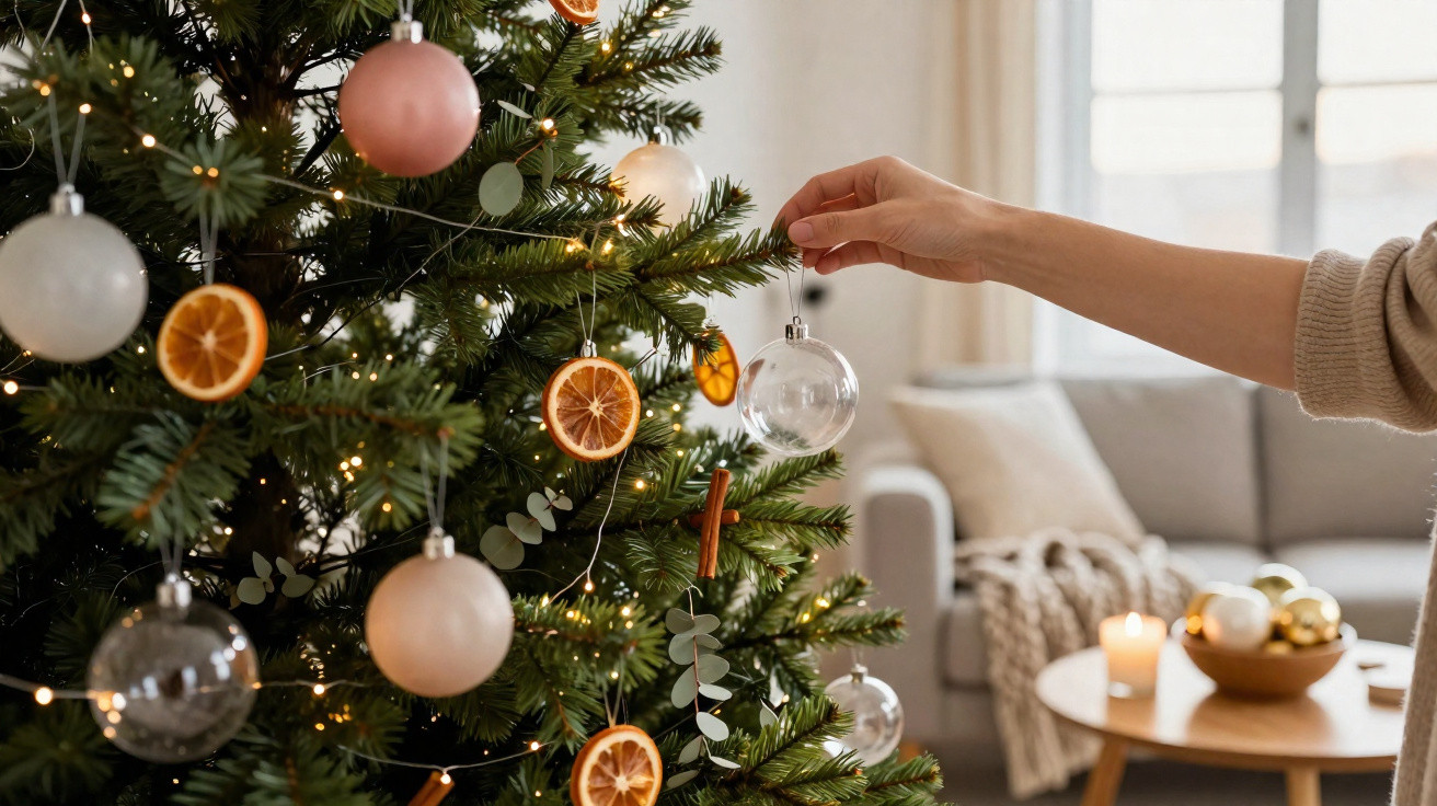 Pessoa decorando árvore de Natal com bolinha transparente e frutas secas em sala iluminada.