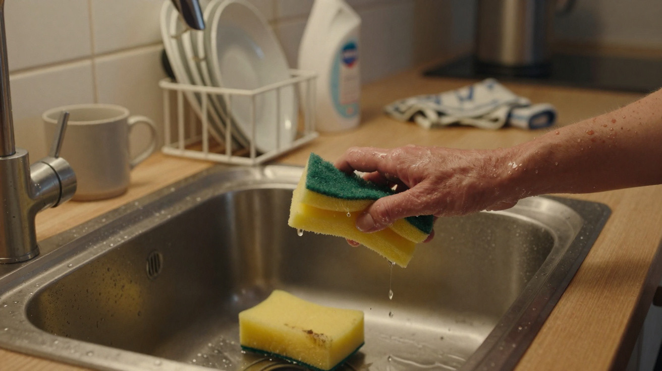 Mão segurando esponja úmida sobre pia de cozinha com outra esponja e louças secas ao fundo.