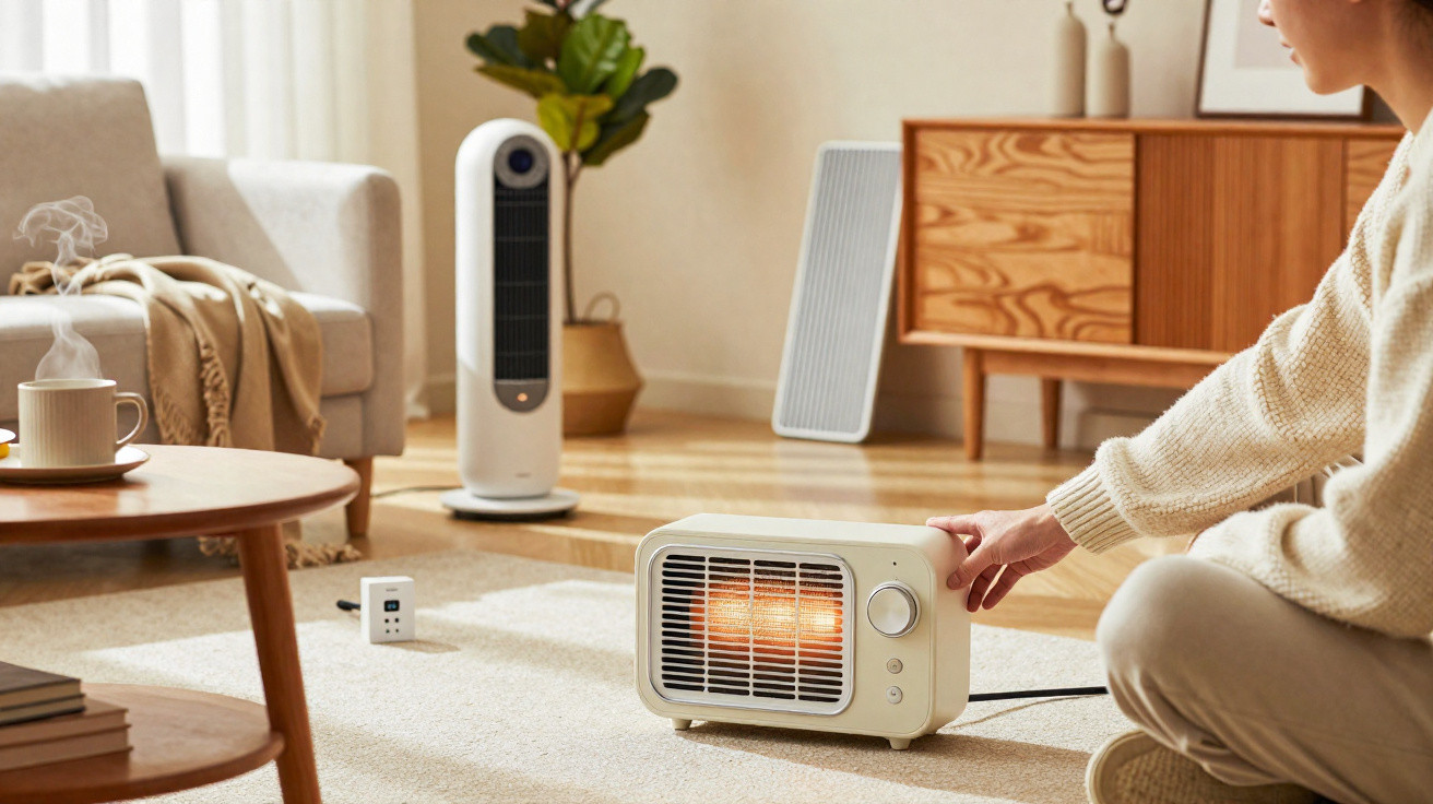 Pessoa ajusta aquecedor portátil em sala com poltrona, mesa com xícara e ventilador no fundo.