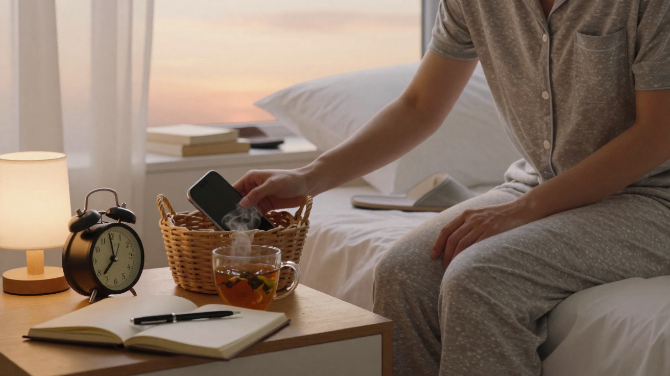 Pessoa em pijama colocando celular em cesta, ao lado de xícara de chá, despertador e caderno sobre mesa próxima à cama.