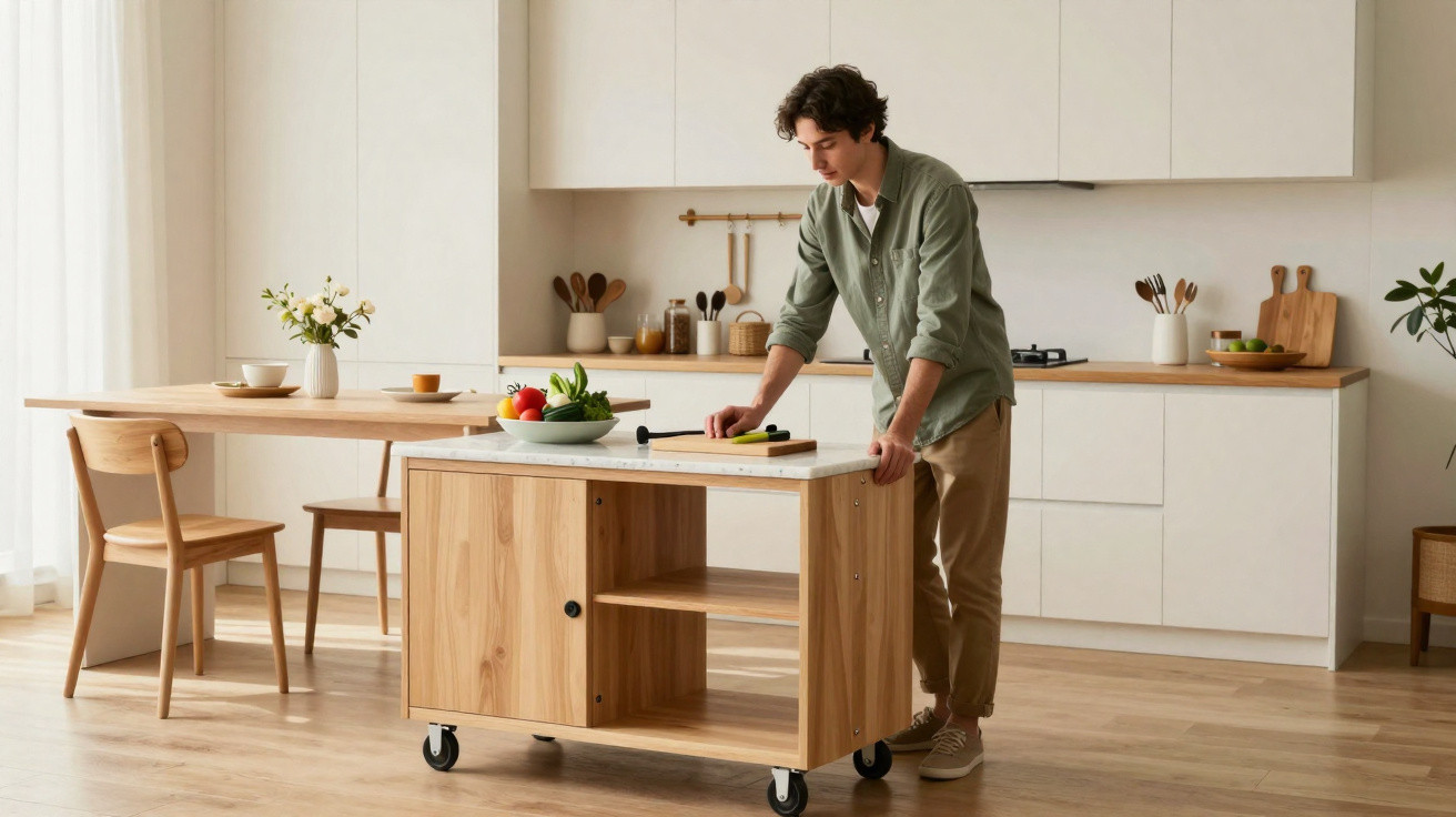 Homem organizando bancada de cozinha clara com ilha móvel de madeira e frutas em bowl branco.