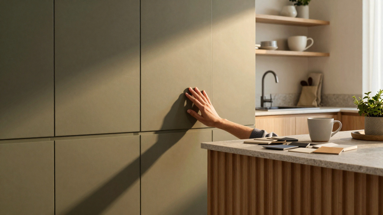 Braço estendido tocando o armário da cozinha em ambiente moderno com luz natural.