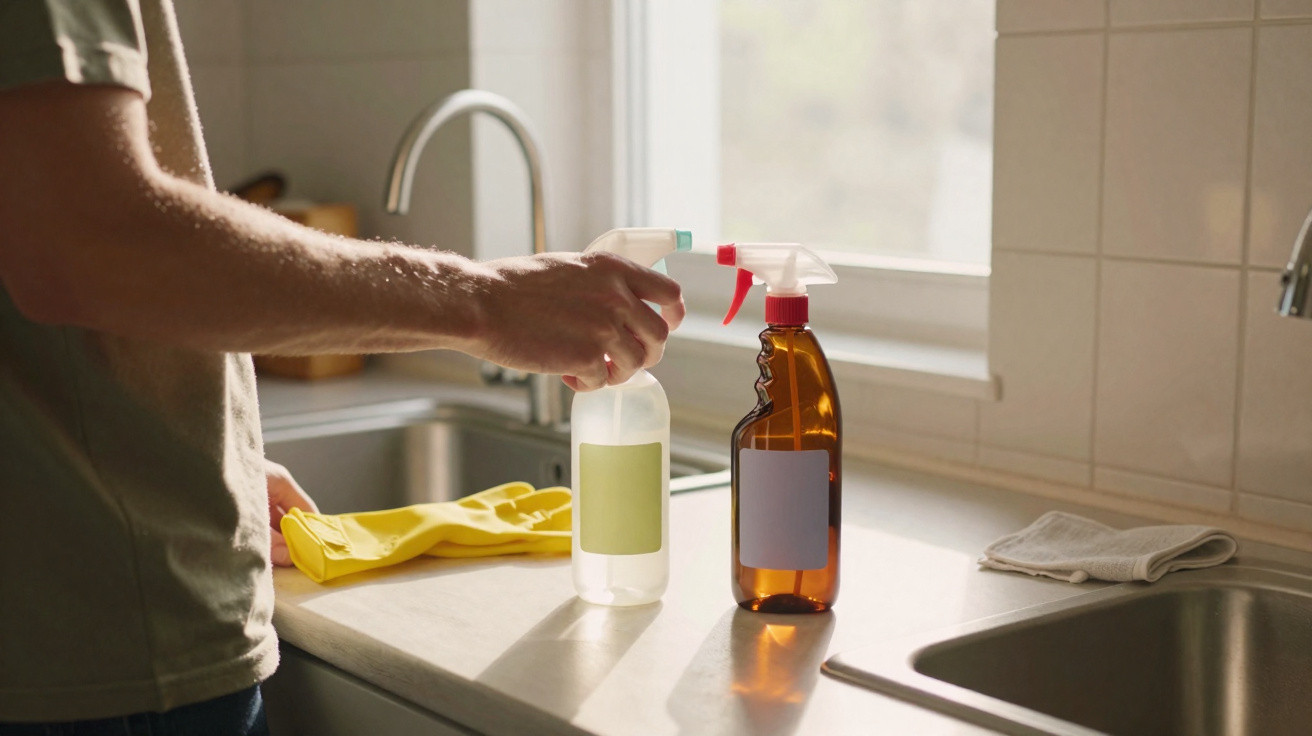 Pessoa segurando frasco de spray transparente em cozinha com esponja amarela e frasco marrom ao lado.