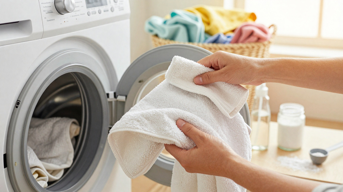 Pessoa retirando toalha branca da máquina de lavar com cesta de roupas e produtos ao fundo.