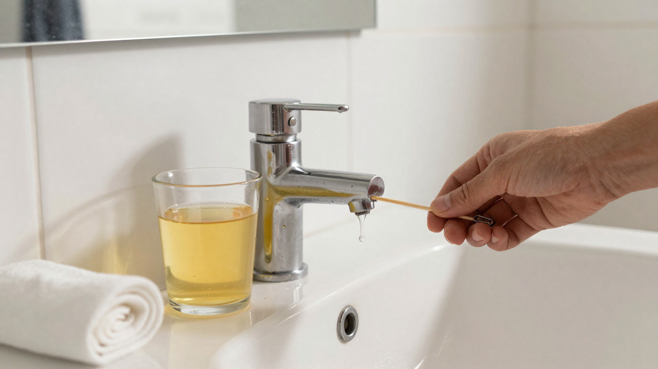 Mão segurando palito sob torneira pingando água, copo com líquido amarelo e toalha branca ao lado na pia.