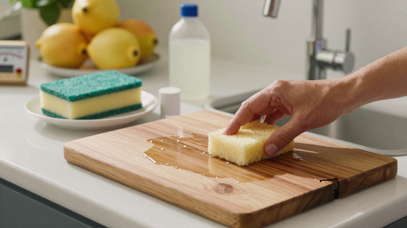 Pessoa limpando tábua de cortar em cozinha com esponja amarela enquanto água se espalha pela madeira.