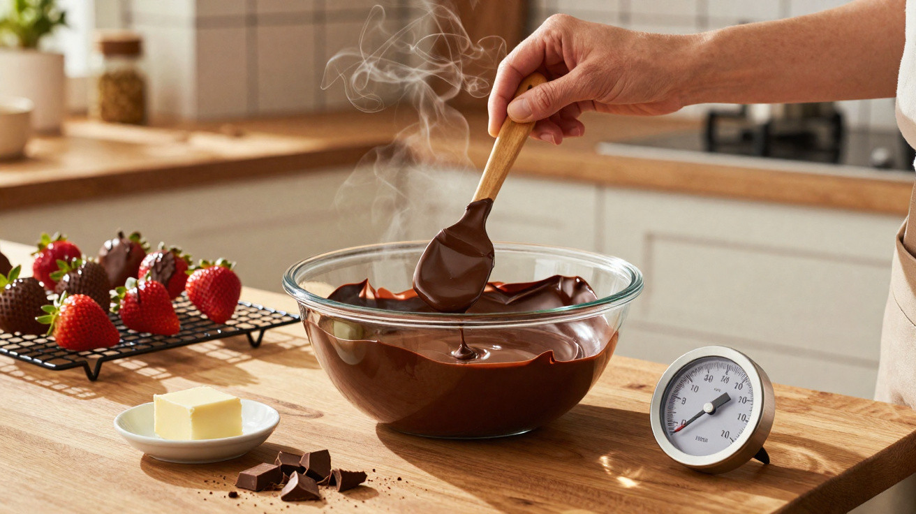 Pessoa mexendo chocolate derretido em tigela de vidro na cozinha com morangos e termômetro culinário.