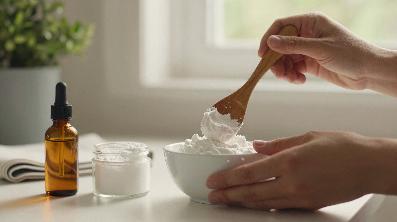 Mãos mexendo creme branco em tigela com colher de madeira, ao lado de frascos e planta desfocada.
