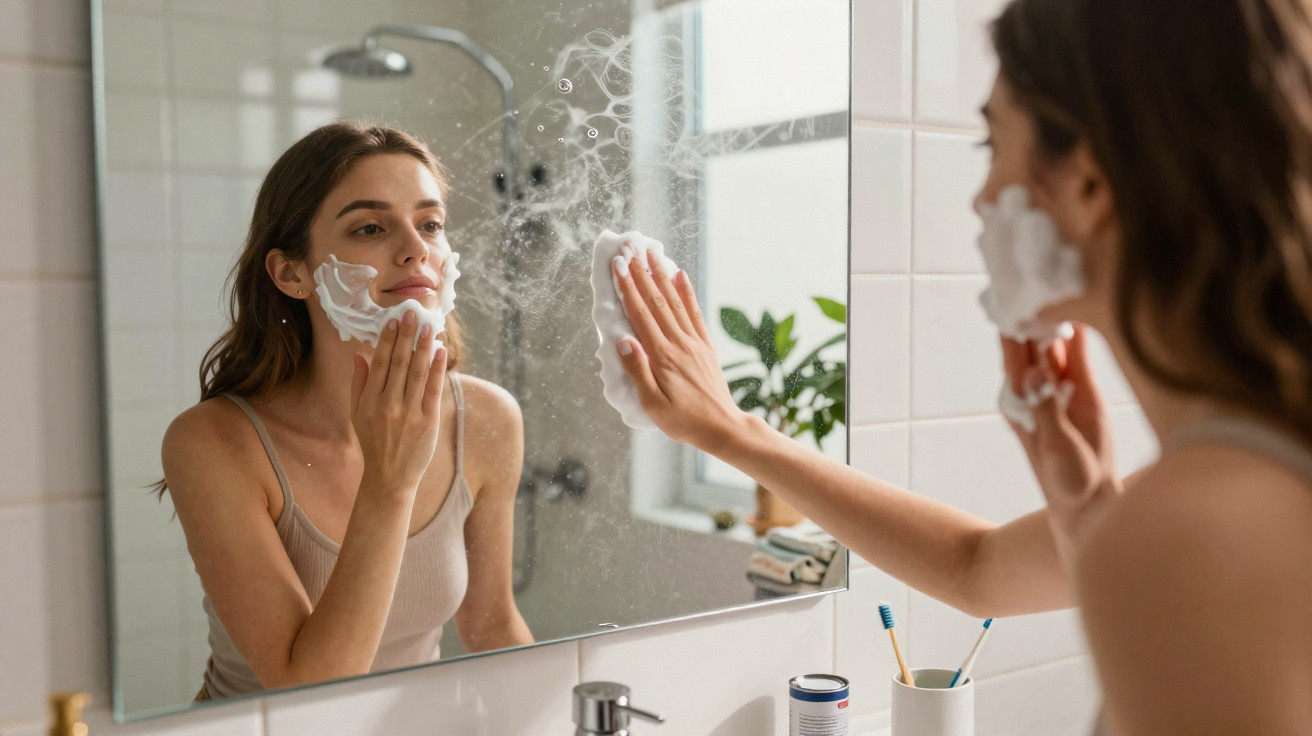Mulher aplicando espuma de limpeza facial no rosto em frente ao espelho do banheiro.