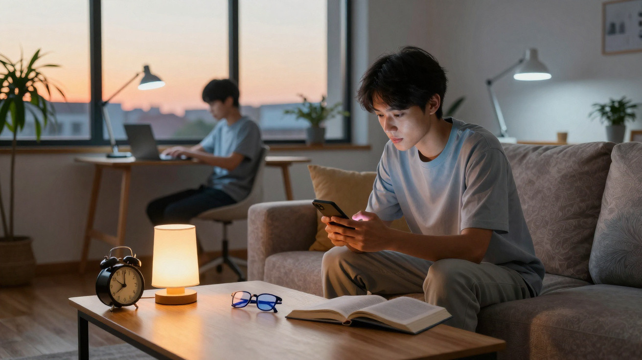 Dois jovens estudam em casa à noite, um no sofá usando celular e outro na mesa com laptop.