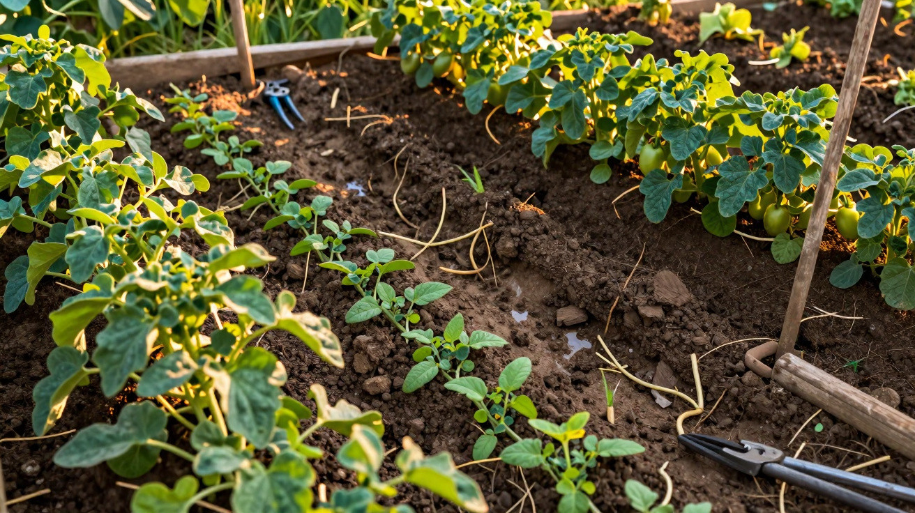 Horta com mudas verdes e folhas, terra úmida e ferramentas de jardinagem sob luz natural.