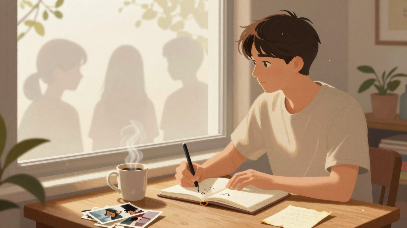 Jovem sentado escrevendo em caderno com café e fotos na mesa, sombras de três pessoas na janela ao fundo.