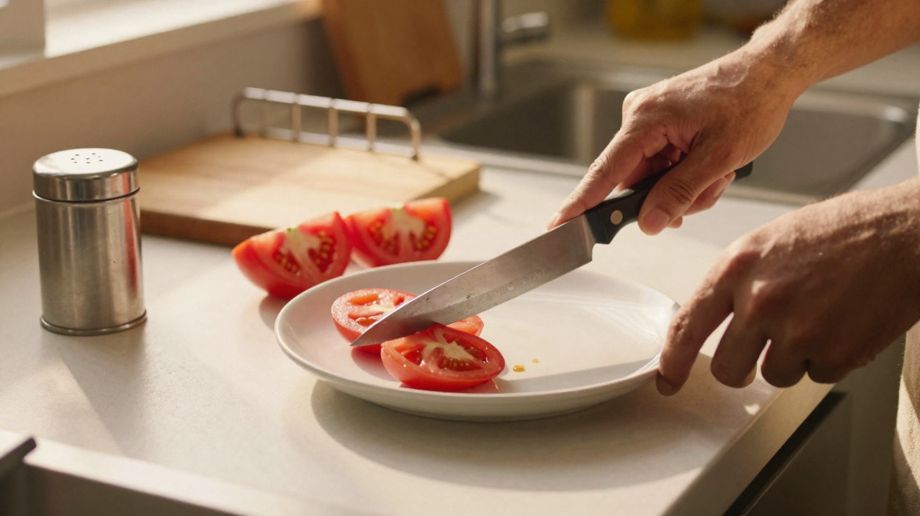 Mãos cortando tomate em fatias sobre um prato branco na bancada da cozinha.