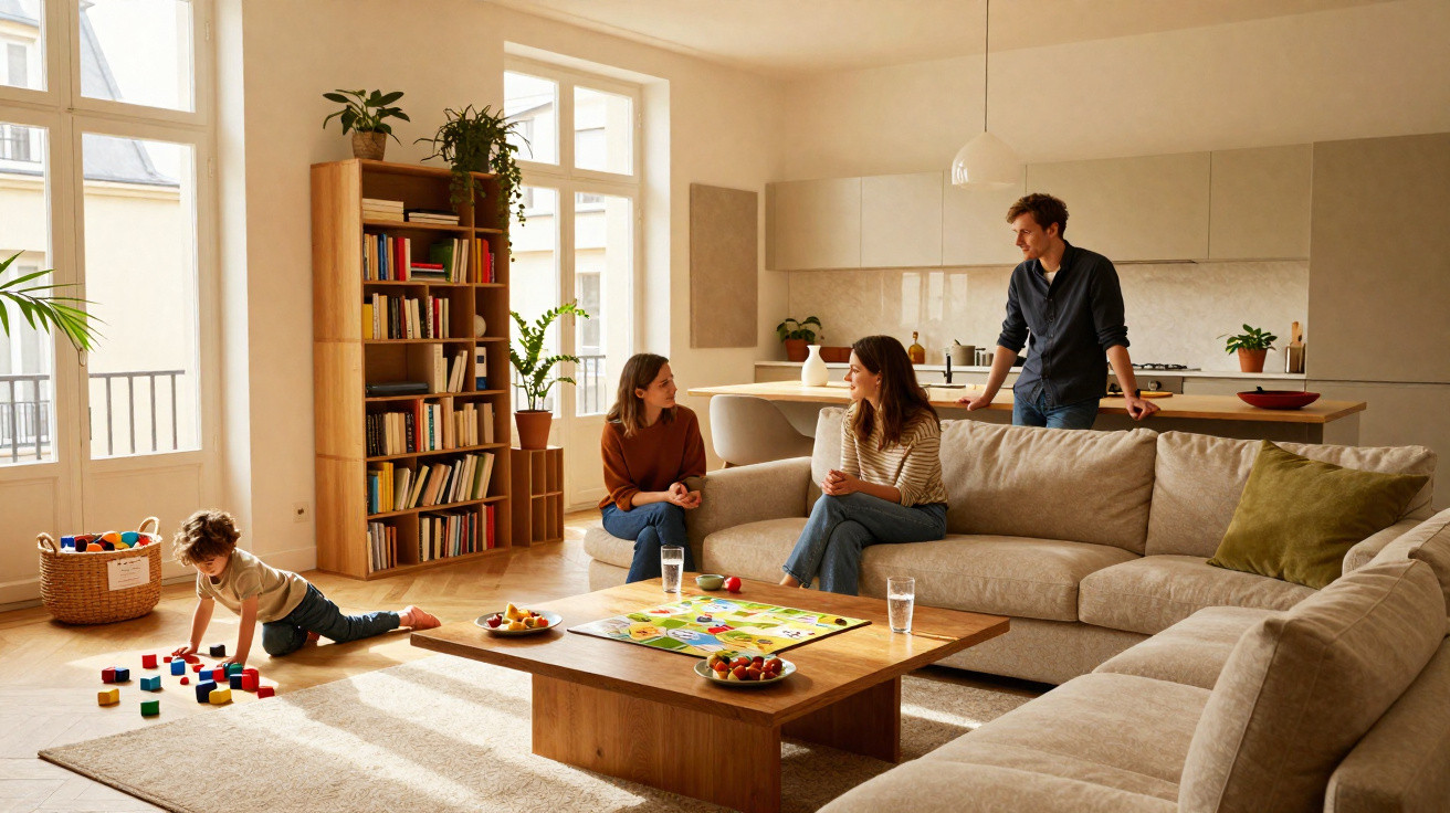 Família em sala iluminada, criança brincando com blocos e adultos conversando no sofá claro.