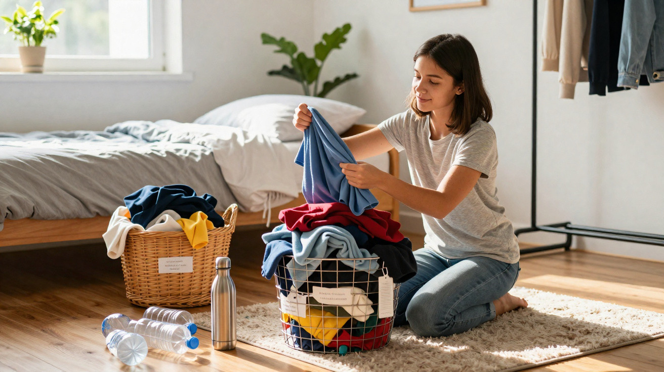 Jovem dobra roupas em cesto de lavanderia no quarto, ao lado de cama e garrafas plásticas no chão.