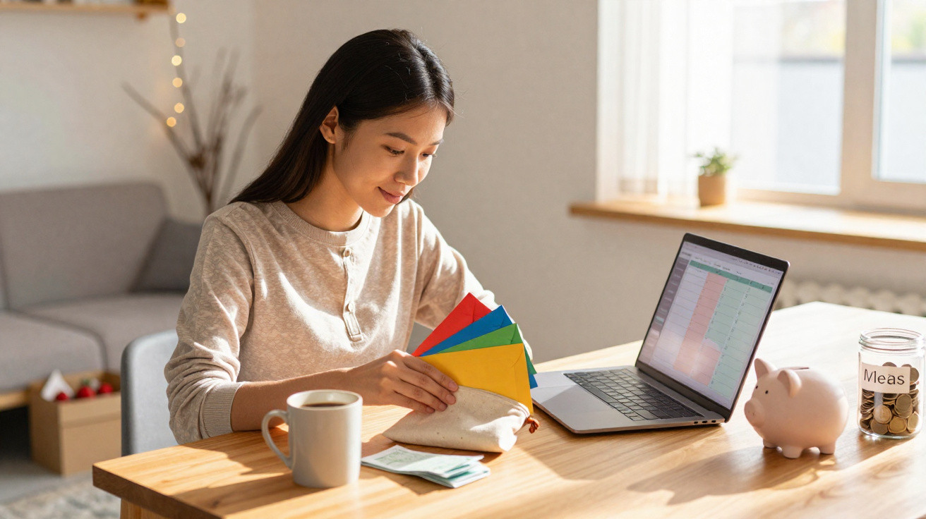 Mulher organizando envelopes coloridos na mesa com café, cofrinho e laptop aberto em planilha financeira.