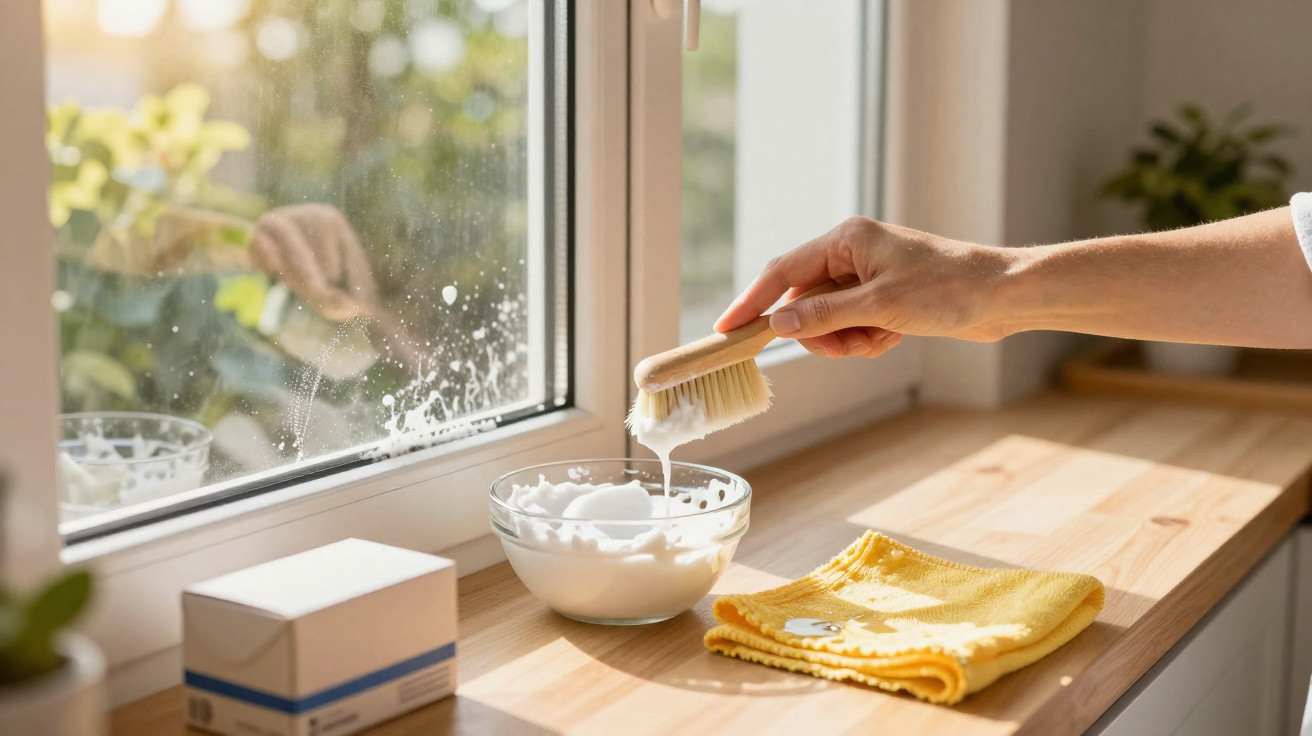 Mão segurando escova com espuma próxima a uma janela sendo limpa, com pano amarelo ao lado.