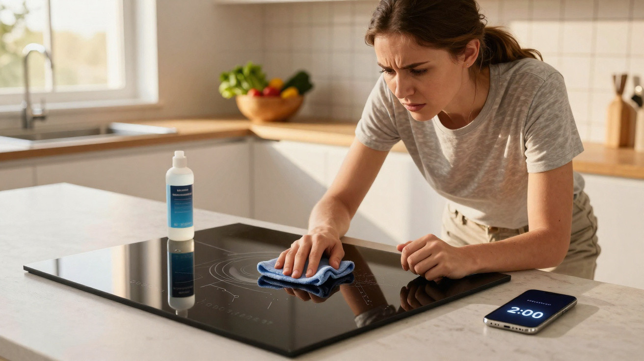 Mulher limpando fogão de vidro preto com pano azul em cozinha iluminada.