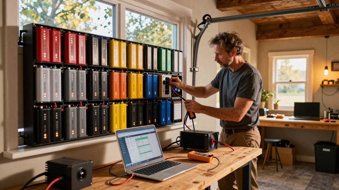 Homem ajusta equipamento conectado a várias baterias coloridas em bancada com notebook numa sala iluminada.