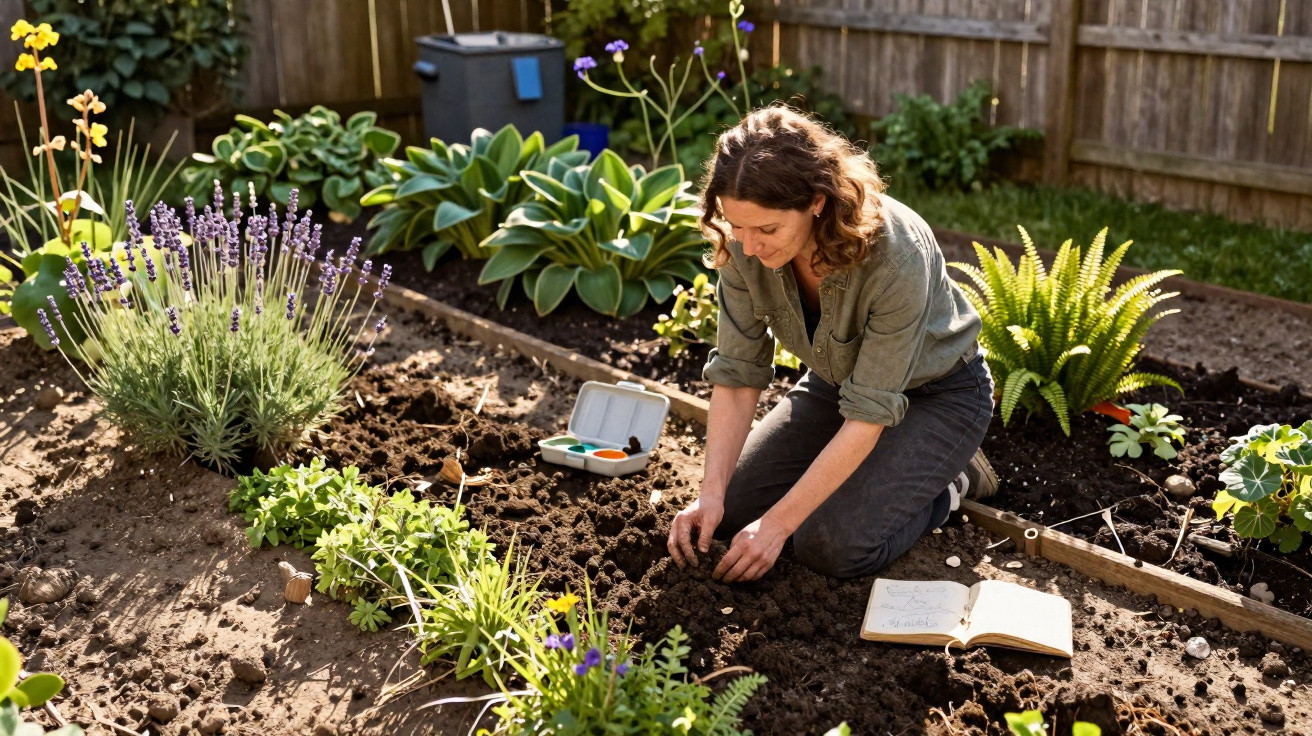 Mulher ajoelhada plantando sementes em canteiro de jardim ensolarado com caderno aberto ao lado.
