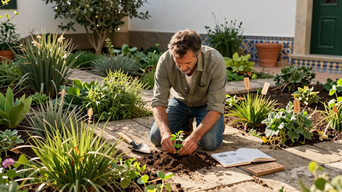 Homem plantando muda em jardim com plantas variadas e livro aberto ao seu lado.