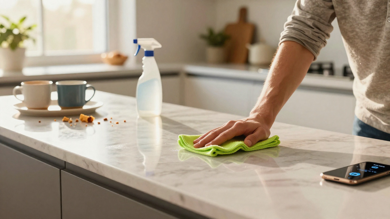 Pessoa limpando a bancada da cozinha com um pano verde, spray de limpeza, duas xícaras e um celular ao lado.