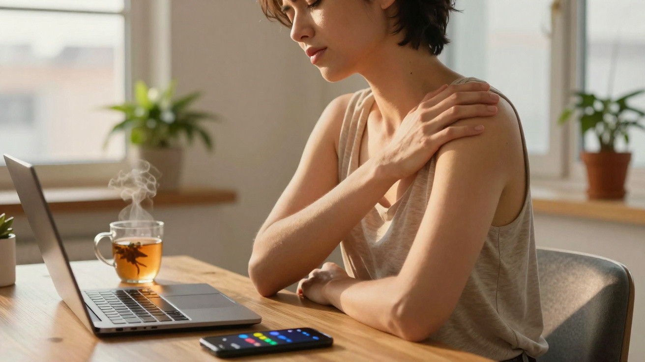 Mulher sentada à mesa com laptop e smartphone, massageando o ombro e ao lado xícara de chá quente.