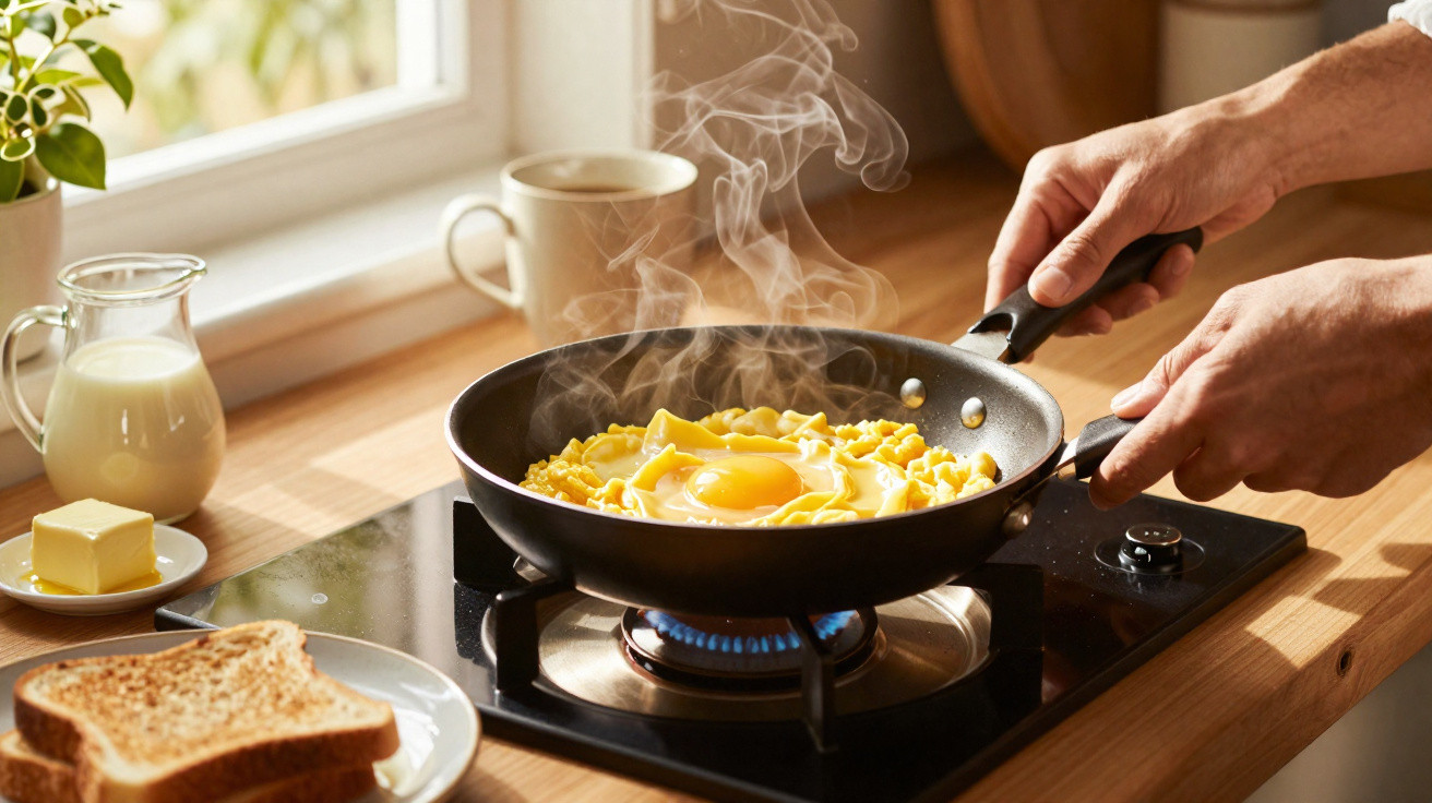 Mãos seguram frigideira com ovo frito e macarrão no fogão a gás, ao lado de pão, manteiga e leite.
