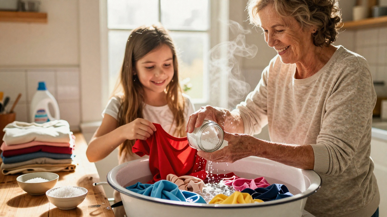 Criança e idosa lavando roupas coloridas em bacia, sorrindo em cozinha iluminada e aconchegante.