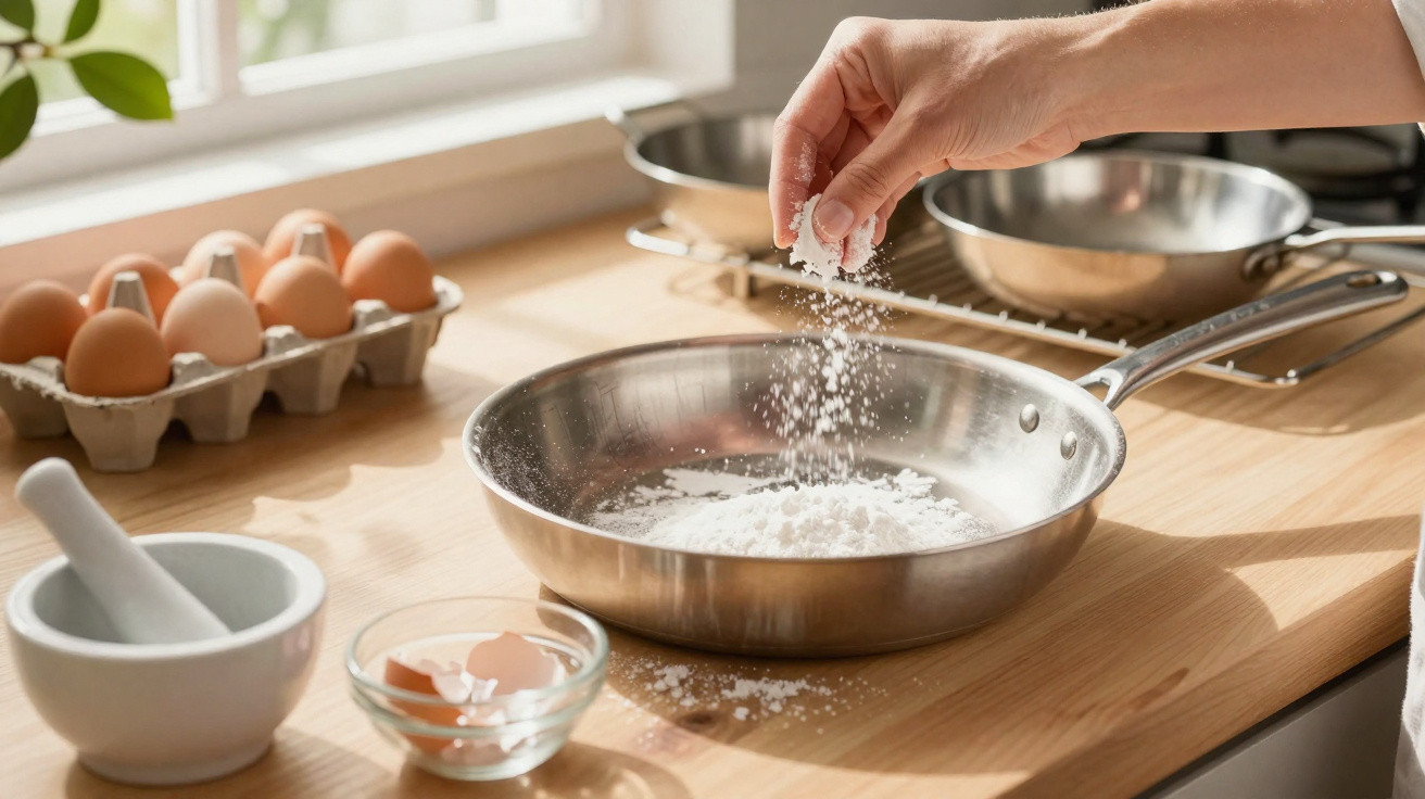 Mão salpicando farinha em frigideira de inox sobre bancada com ovos, moedor e tigela de vidro.