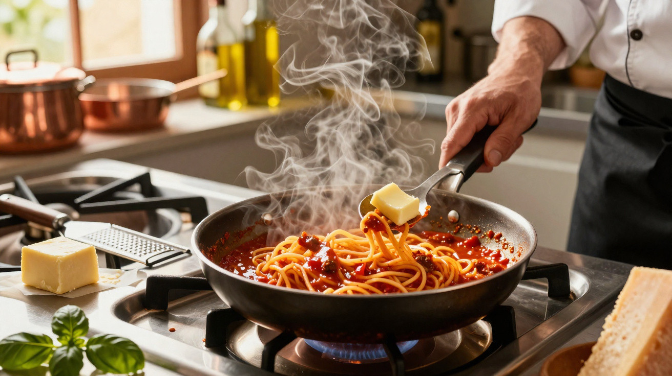 Pessoa adicionando manteiga a espaguete com molho de tomate em frigideira quente na cozinha.