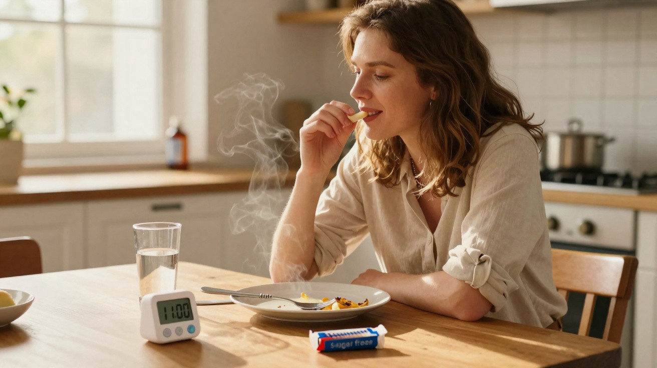 Mulher sentada à mesa comendo biscoito, com prato e timer ao lado em cozinha iluminada.